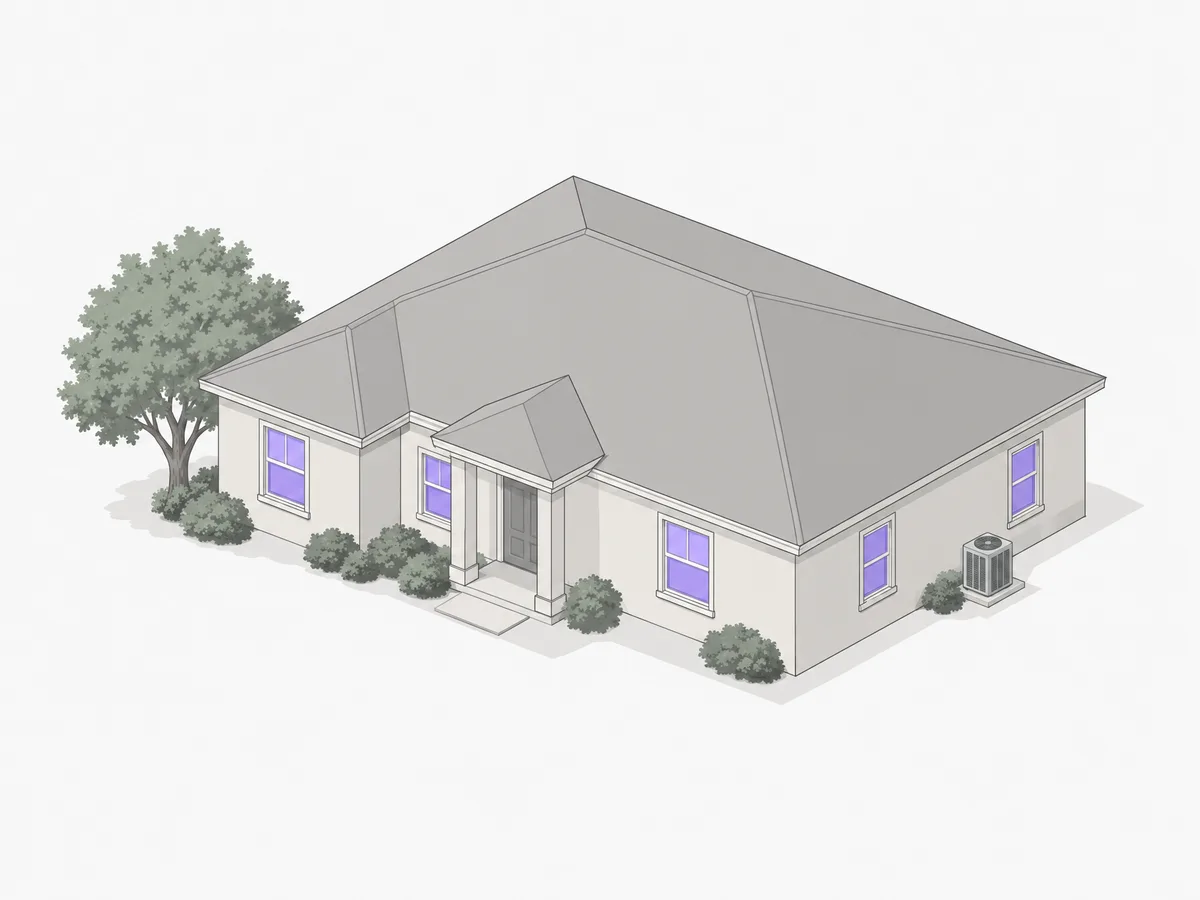 Typical Pinellas house. The one most of this county lives in: nine-foot ceilings, average glass, attic topped up once. Illustrative.